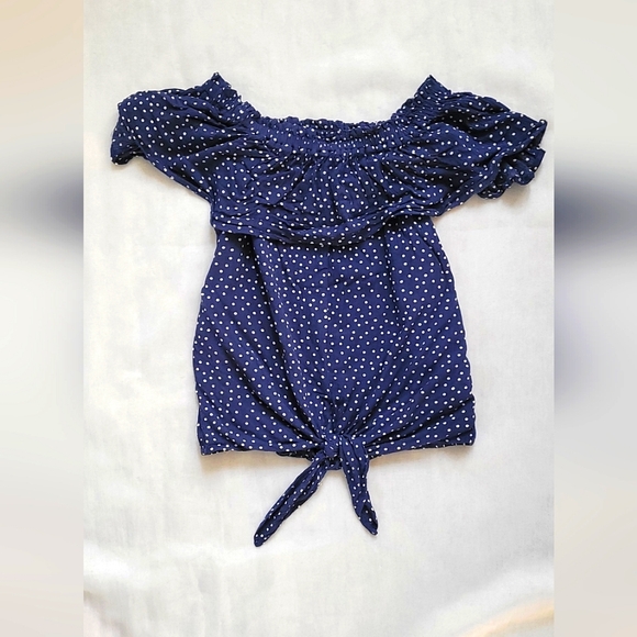 NWOT! Express Drop Shoulder Tie-Front Women's Polka Dot Navy Blouse Size Small - Picture 8 of 8